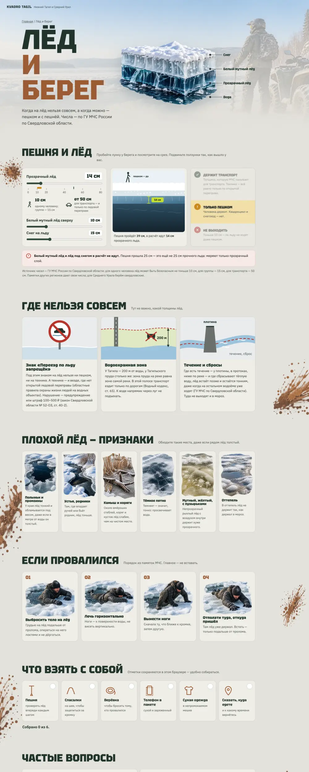 Страница «Лёд и берег»: разрез льда и проверка толщины