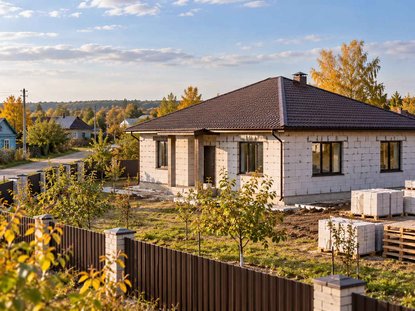 Новый одноэтажный дом из газобетона на участке