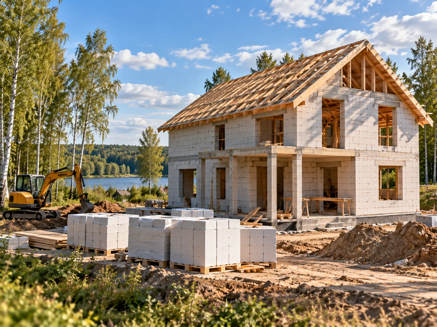 Строящийся дом из газобетона среди берёз